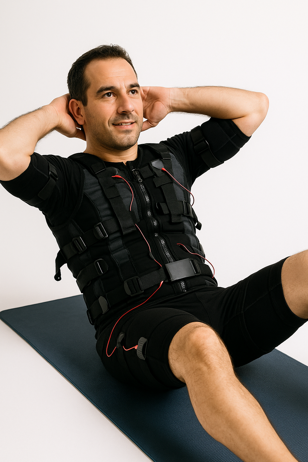 a man in his 40s doing crunches on a yoga mat wearing an ems training suit